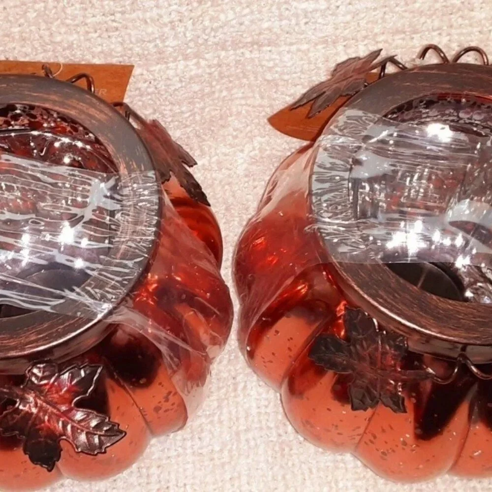 Autumn Essence Large Gourd Mercury Glass Tealight Candle Holder Set